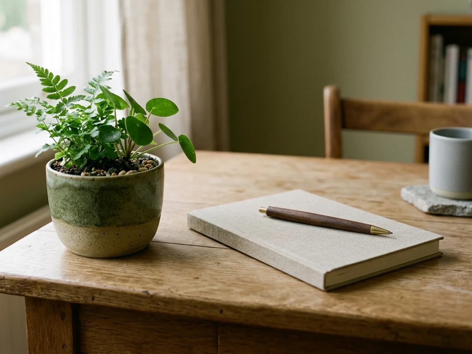 A working desk corner in soft morning light with a small potted plant, a closed notebook and a pen.